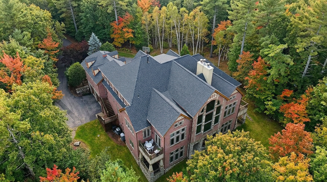 Aerial view of a completed asphalt shingle roof on a Maine home