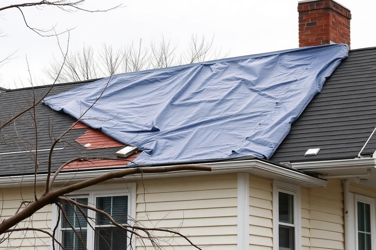Emergency tarp secured over storm damaged shingles on a Maine home