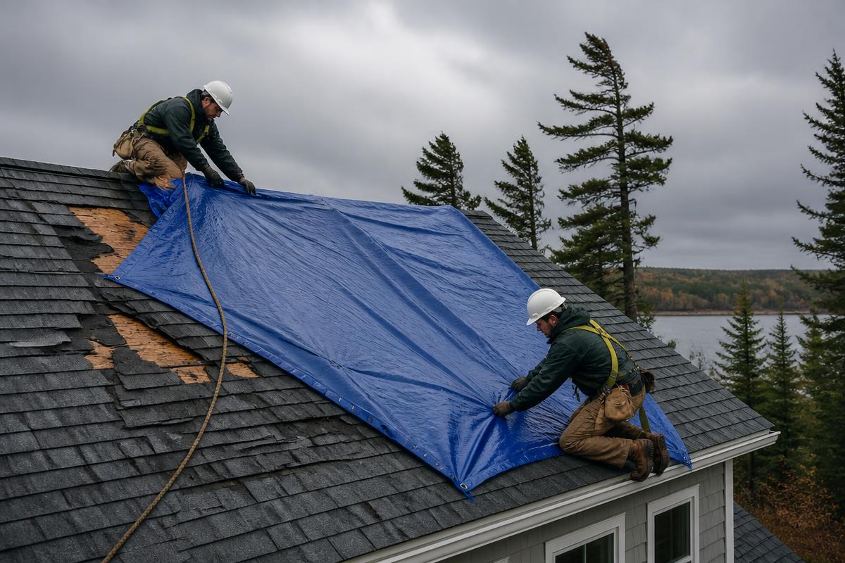 Roofing crew securing a protective tarp over storm-damaged shingles on a Maine home