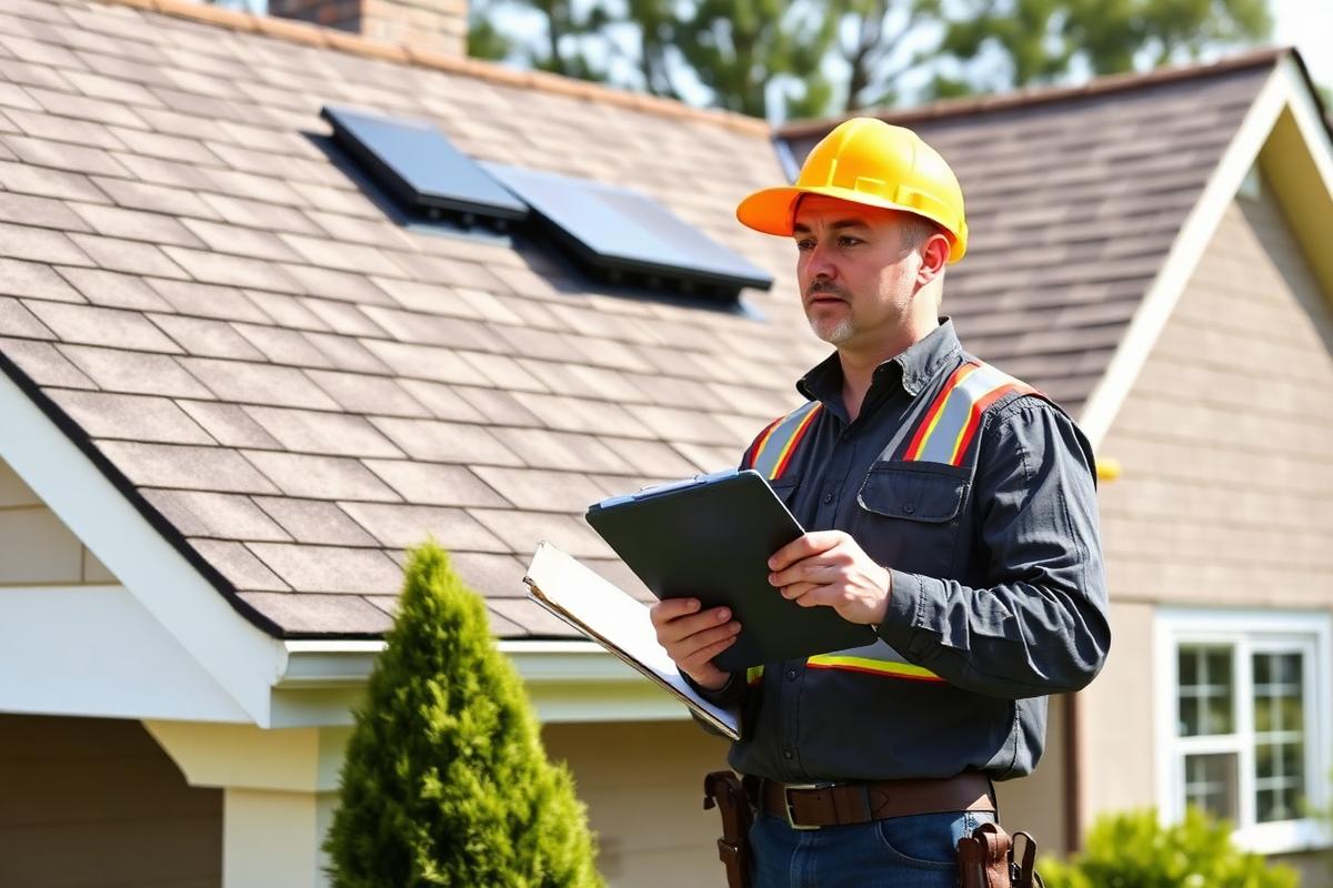 Roofing inspector reviewing shingle condition and ventilation on a Maine home