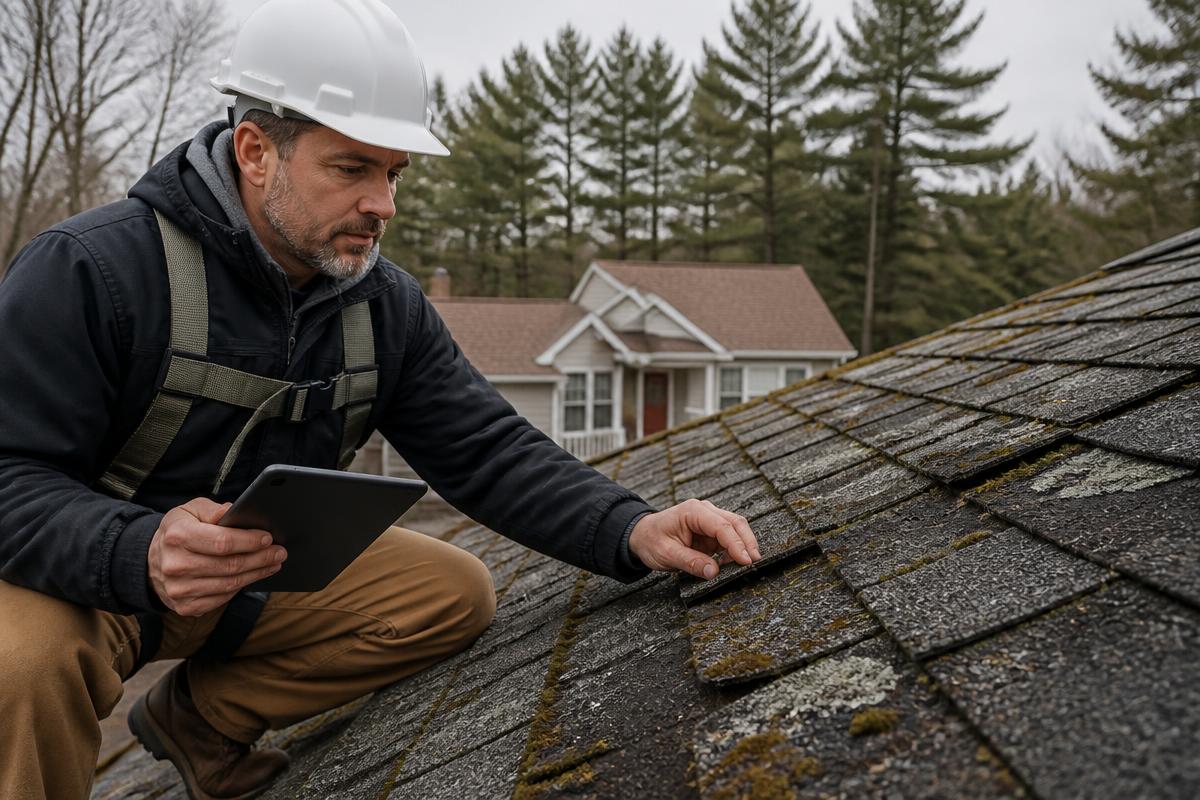 Roof inspector examining worn asphalt shingles with moss and granule loss on a Maine home