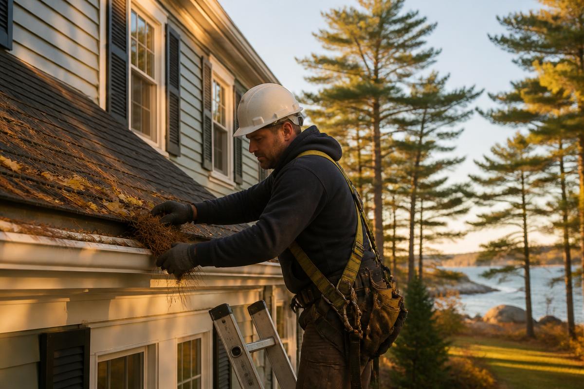 Roofer clearing autumn leaves from a gutter during roof maintenance in Maine