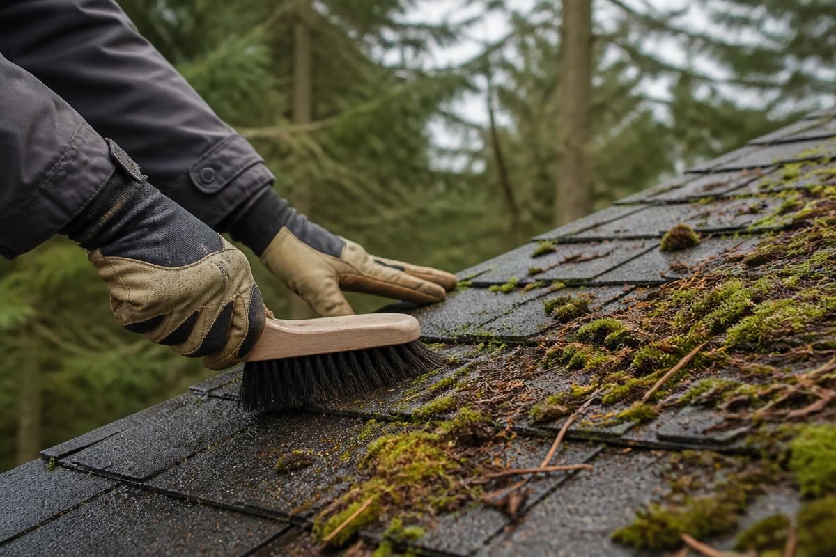 Roofer brushing moss and debris off asphalt shingles during a Maine roof maintenance visit