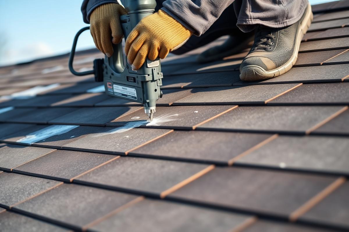 Roofer installing architectural shingles on a Windham, Maine home